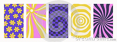Abstract Groovy backgrounds. Set of psychedelic retro patterns. Trendy twisted and checkered vector texture in abstract Vector Illustration