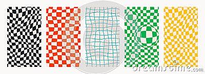 Abstract Groovy checkerboard backgrounds. Set of psychedelic retro patterns in retro colors. Trendy twisted and Vector Illustration
