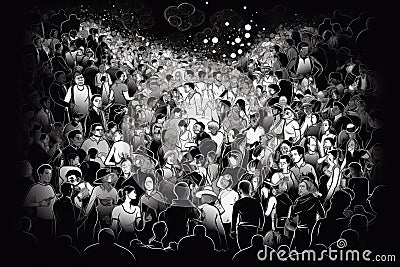 Abstract group of crowded people black and white illustration. Generative AI Cartoon Illustration