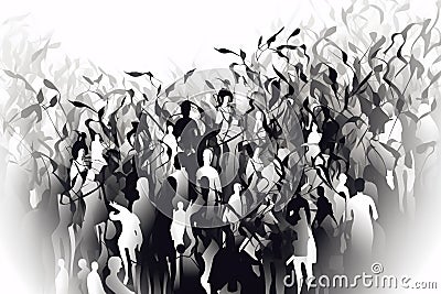 Abstract group of crowded people black and white illustration. Generative AI Cartoon Illustration