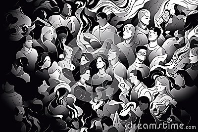 Abstract group of crowded people black and white illustration. Generative AI Cartoon Illustration