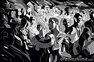 Abstract group of crowded people black and white illustration. Generative AI Cartoon Illustration