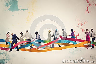 An abstract group of people working together to untangle a rope problem. Generative ai Stock Photo
