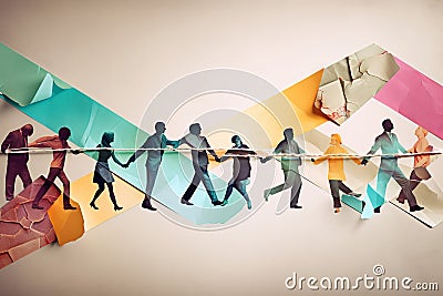 An abstract group of people working together to untangle a rope problem. Generative ai Stock Photo