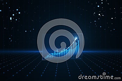 Abstract growing blue business chart with arrow on dark grid background. Business development to success and plan concept. 3D Stock Photo