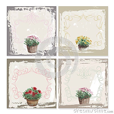 Abstract grunge frame set, garden flowers watercolor. Black and white Background template. Vector Vector Illustration