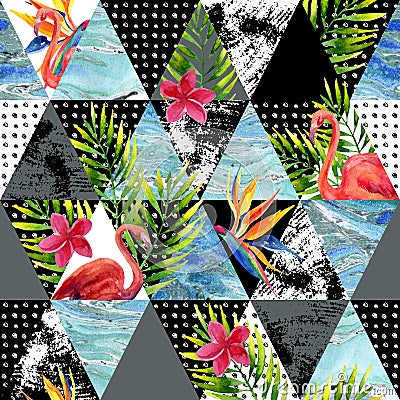 Abstract grunge and marble triangles with tropical flowers, leaves Cartoon Illustration