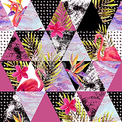 Abstract grunge and marble triangles with tropical flowers, leaves Cartoon Illustration