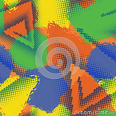 Abstract grunge seamless chaotic pattern with geometric blots, drops and halftone triangular spirals. Trendy colorful texture Vector Illustration