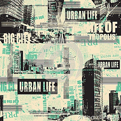 Abstract grunge seamless pattern with newspaper urban landscapes Vector Illustration