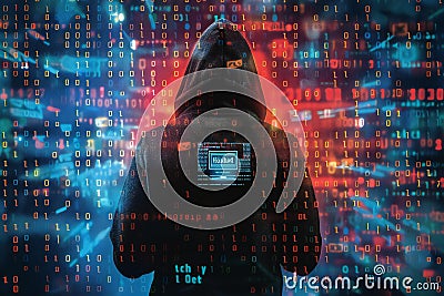 Abstract hacker silhouette in a hood against binary code and a digital screen background, data security concept with a hologr Cartoon Illustration
