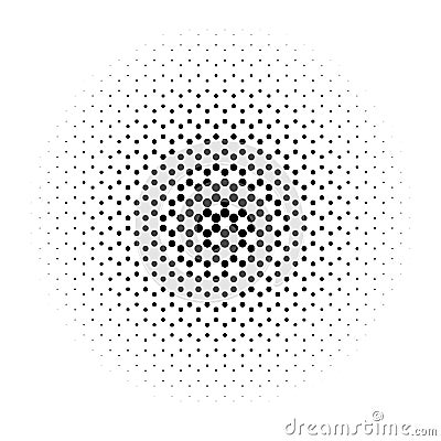 Abstract halftone circle of dots in radial hexagonal. Black and white vector illustration element Vector Illustration