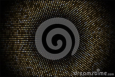 Abstract halftone circular background. Gold, grey, amber dot pattern on black background. Bright vintage wallpaper Vector Illustration