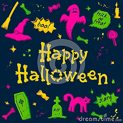 Abstract Halloween background with lettering and grunge cartoon elements. Vector Illustration