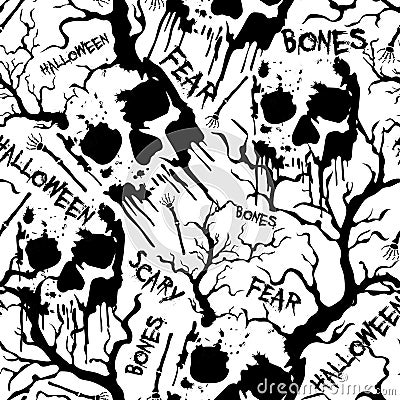 Halloween vector pattern with scary skulls,bones,words and trees.Vector seamless monochrome background.Simple textile texture Vector Illustration