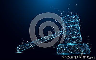 Abstract Hammer judge form lines and triangles, point connecting network on blue background. Illustration vector. Vector Illustration