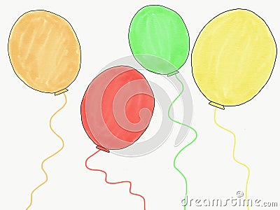 Abstract hand draw doodle colorfull of red, green, yellow, brown balloons isolated, illustration, copy space for text, watercolor Cartoon Illustration