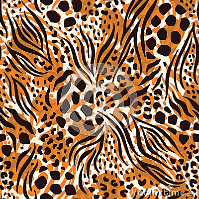 Abstract Hand Drawn Combined Animal Skin Vector Seamless Pattern. Beige, Orange, Brown Fur. Trendy Fashion Print Vector Illustration