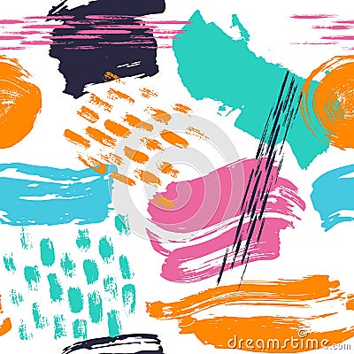 Abstract hand drawn different shapes brush strokes seamless pattern swatch Vector Illustration