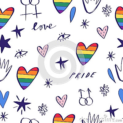 Abstract hand drawn doodles seamless pattern. Pride, love and peace lettering, rainbow hearts. Gay parade wallpaper. LGBTQ rights Cartoon Illustration
