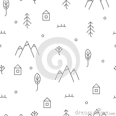 Abstract hand drawn pattern with floral and forest elements. Vector Illustration