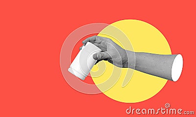 Abstract hand, falling can of pills, pills. Artwork or creative collage with art design Stock Photo