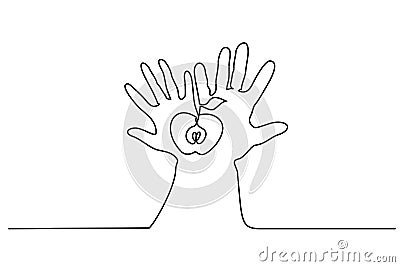 Abstract hands holding apple Continuous one line Vector Illustration