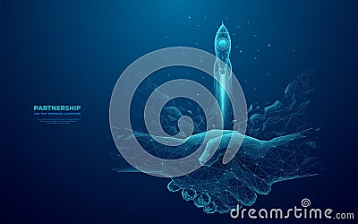 Abstract handshake and rocket launch. Partnership concept Vector Illustration