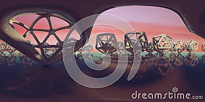 Abstract HDRI environment map, spherical panorama background, light source rendering with icosahedron objects and colorful sky 3d Stock Photo
