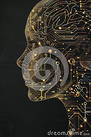 Abstract head outline merges with circuit-patterned brain, symbolizing tech and intellect intersection Stock Photo