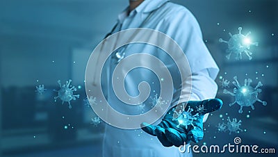 Abstract healthcare, Covid-19, Medicine doctor with stethoscope holding corona virus in hand and virus spreading on blue Stock Photo