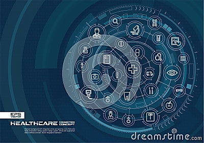 Abstract healthcare and medicine background. Digital connect system with integrated circles, glowing thin line icons. Vector Illustration