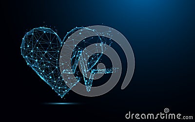 Abstract heart beat form lines and triangles, point connecting network on blue background. Vector Illustration