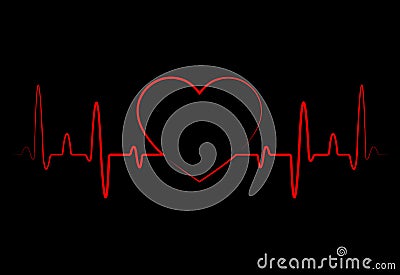 Abstract heart beats, cardiogram. Cardiology black background with red heart.Pulse of life line forming heart shape.Medical vector Stock Photo