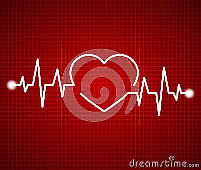 Abstract heart beats, cardiogram. Cardiology dark red background. Pulse of life line forming heart shape. Medical design over red Stock Photo