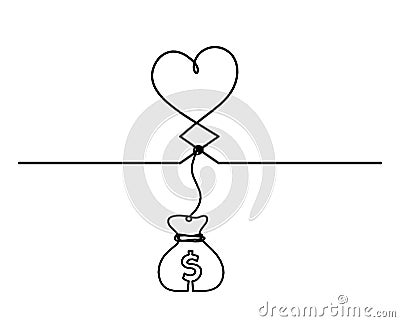 Abstract hearts with dollar as continuous line drawing on white Stock Photo