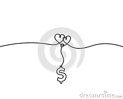 Abstract hearts with dollar as continuous line drawing on white Stock Photo