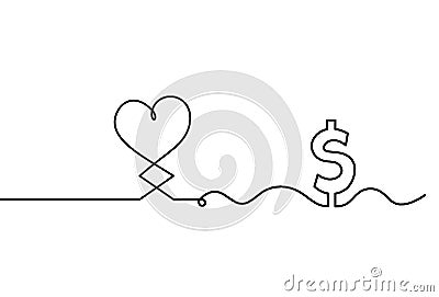 Abstract hearts with dollar as continuous line drawing on white Stock Photo