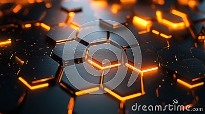 Abstract hexagonal pattern with glowing orange edges against a dark background, creating a futuristic feel. Stock Photo
