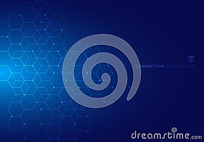 Abstract hexagons with nodes digital geometric with lines and dots on blue background. Technology connection concept Vector Illustration