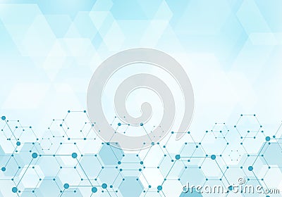 Abstract hexagons pattern molecule on blue background technology digital concept with copy space. Geometric elements for design Vector Illustration