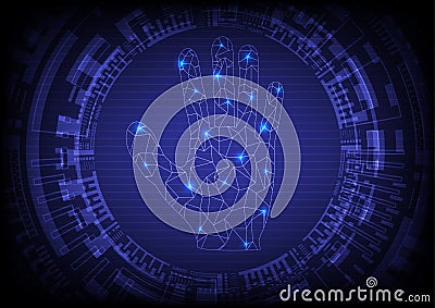 Abstract hi-tech circles Center hand wireframe with bright glowing Vector Illustration