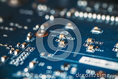 Abstract high tech background - hardware digital chip or printed circuit board, selective focus Stock Photo