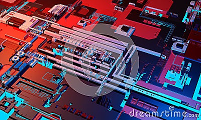 Abstract high tech electronic PCB Printed circuit board background in blue and red color. 3d illustration Cartoon Illustration