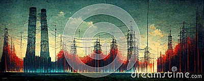 Abstract High voltage power lines with electricity pylons at twilight. At the horizon Stock Photo