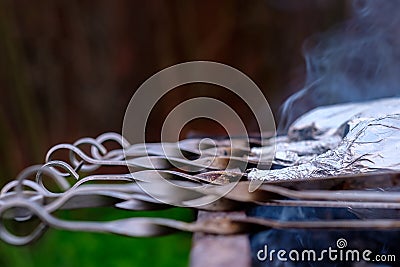 Abstract highly blurred view of metal skewers lying on a grill over coals Stock Photo