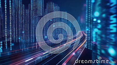 Abstract highway path through digital binary towers in city. Big data concept with hyper loop technology, AI, machine Stock Photo