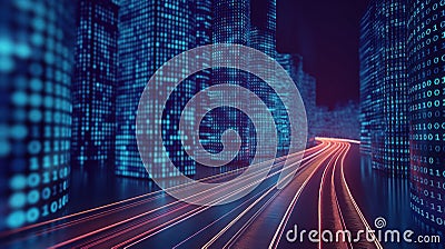 Abstract highway path through digital binary towers in cityscape. Futuristic concept of big data, machine learning Stock Photo