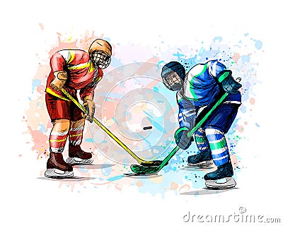Abstract hockey player from splash of watercolors. Hand drawn sketch. Winter sport Vector Illustration