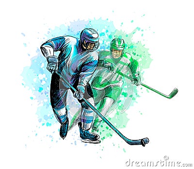 Abstract hockey player from splash of watercolors. Hand drawn sketch. Winter sport Vector Illustration